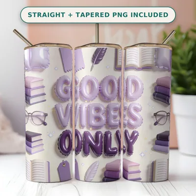 3D Inflated Book Lover Tumbler Wrap PNG Seamless, Puffy Books Glasses and Quills in Lilac, 20oz Sublimation Download shown flat as a tumbler wrap