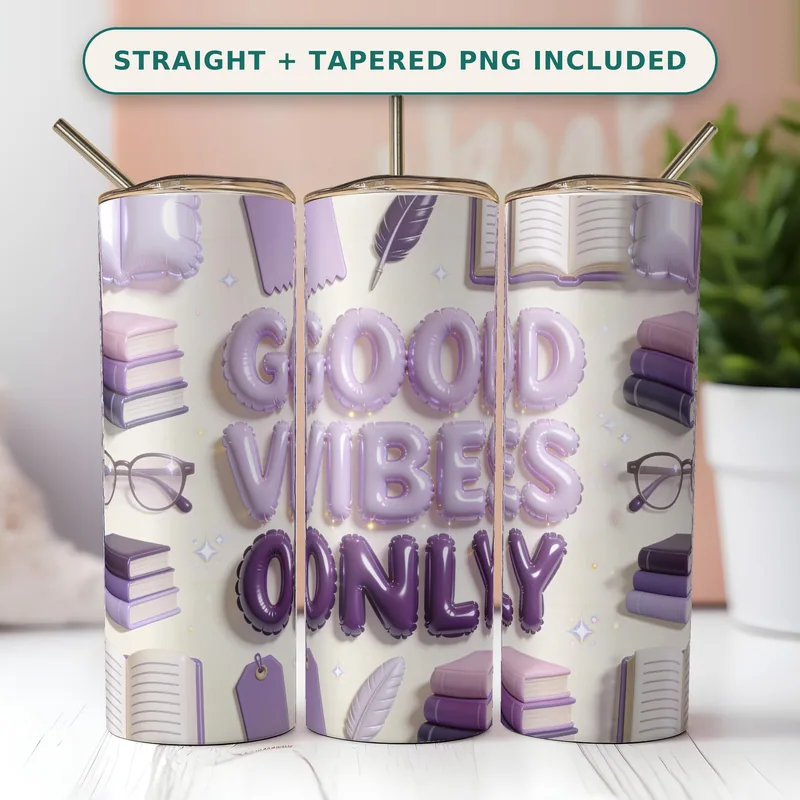 3D Inflated Book Lover Tumbler Wrap PNG Seamless, Puffy Books Glasses and Quills in Lilac, 20oz Sublimation Download shown flat as a tumbler wrap