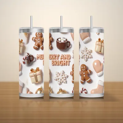 3D Inflated Christmas Tumbler Wrap PNG, Puffy Gingerbread Cocoa and Merry and Bright, Seamless 20oz Skinny Sublimation Download shown flat as a tumbler wrap