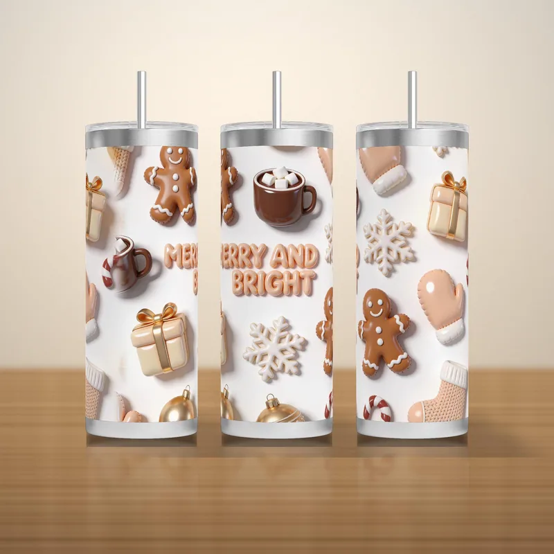 3D Inflated Christmas Tumbler Wrap PNG, Puffy Gingerbread Cocoa and Merry and Bright, Seamless 20oz Skinny Sublimation Download shown flat as a tumbler wrap