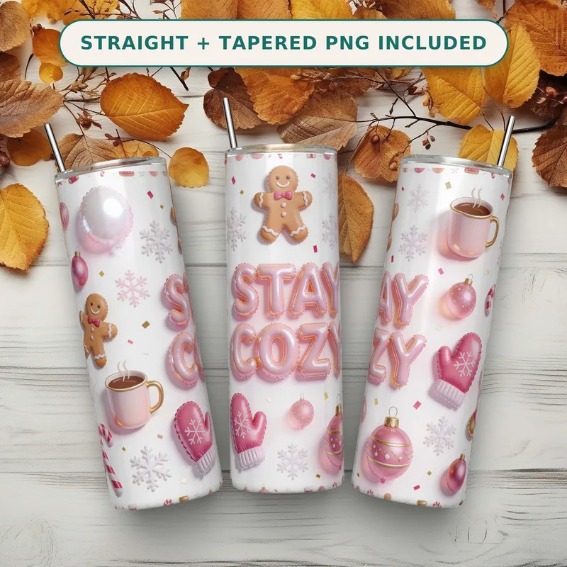 3D Inflated Christmas Tumbler Wrap PNG, Puffy Pink Baubles Gingerbread and Stay Cozy, Seamless 20oz Skinny Sublimation Download shown flat as a tumbler wrap