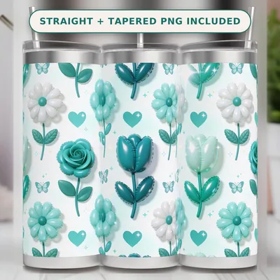 3D Inflated Flower Tumbler Wrap PNG Seamless, Puffy Daisies Roses and Butterflies in Teal, 20oz Sublimation Download shown flat as a tumbler wrap