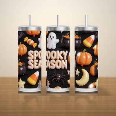 3D Inflated Halloween Tumbler Wrap PNG, Puffy Spooky Season Collage on Black, Seamless 20oz Skinny Sublimation, Download Now shown flat as a tumbler wrap