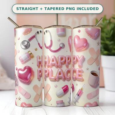3D Inflated Nurse Tumbler Wrap PNG Seamless, Puffy Stethoscopes Hearts and Bandages in Pink, 20oz Sublimation Download shown flat as a tumbler wrap