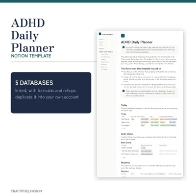 ADHD Daily Planner Notion Template, Brain Dump and Task Tracker shown as a preview of the printable