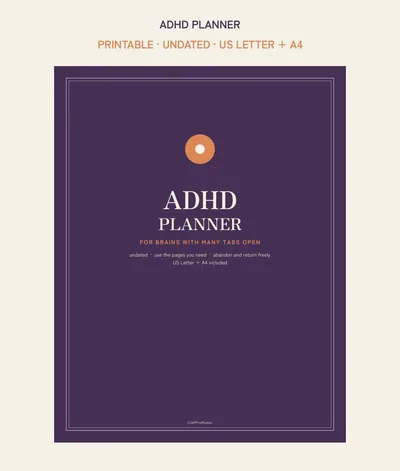 ADHD Planner Printable, Daily Focus and Brain Dump Pages, Task Breakdown Habit Anchor Tracker PDF, Undated Adult US Letter A4 shown as a preview of the planner
