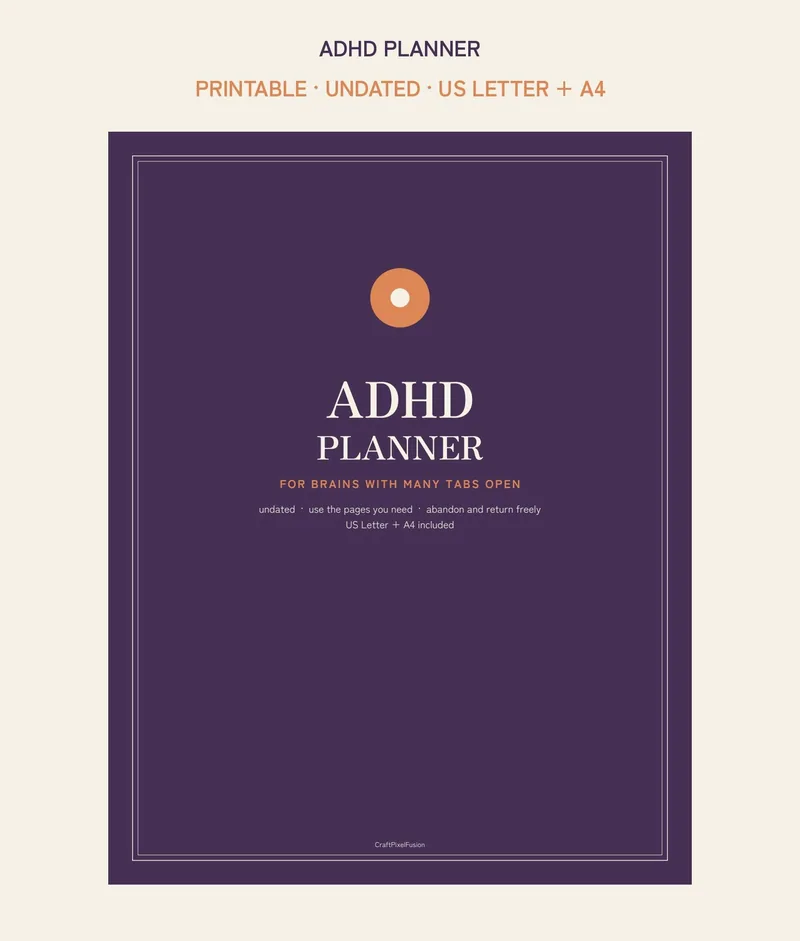 ADHD Planner Printable, Daily Focus and Brain Dump Pages, Task Breakdown Habit Anchor Tracker PDF, Undated Adult US Letter A4 shown as a preview of the planner