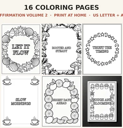 Affirmation Coloring Book Printable, 16 Positive Quote Pages for Adults and Teens, Celestial Shell Mushroom Frames PDF, US Letter A4 shown as a preview of the coloring book