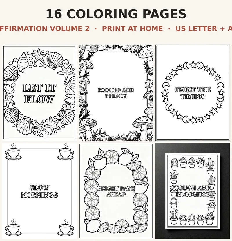 Affirmation Coloring Book Printable, 16 Positive Quote Pages for Adults and Teens, Celestial Shell Mushroom Frames PDF, US Letter A4 shown as a preview of the coloring book