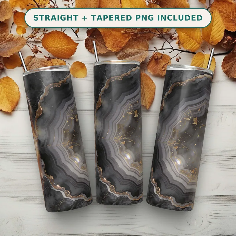 Agate Geode Tumbler Wrap PNG, Charcoal Copper Gold Marble Design, Seamless Straight Wrap, 20 oz Skinny Tumbler Sublimation Download shown flat as a tumbler wrap