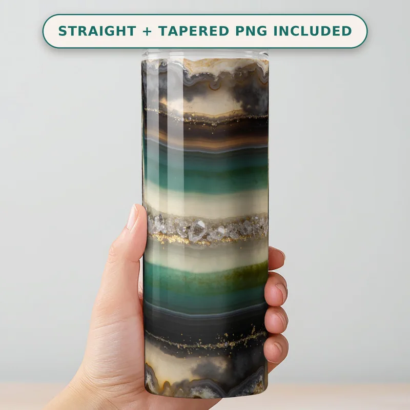 Agate Geode Tumbler Wrap PNG, Emerald Copper Crosscut Crystal Druzy Design, Seamless 20oz Skinny Straight Wrap Sublimation Download shown flat as a tumbler wrap