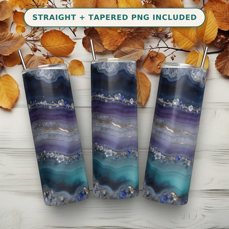 Agate Geode Tumbler Wrap PNG, Sapphire Lilac Seamless Design, Navy Purple Teal Druzy Crystal Gold Vein, Skinny Tumbler Wrap PNG Download shown flat as a tumbler wrap
