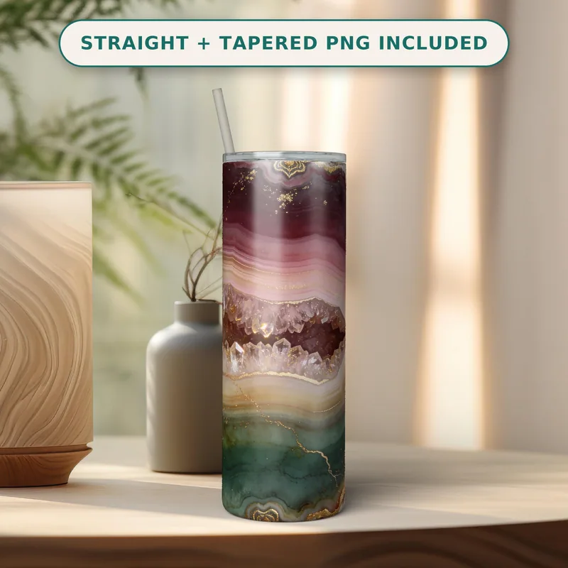 Agate Geode Tumbler Wrap PNG Seamless, Burgundy and Emerald Bands with Quartz Crystal, 20oz Skinny Sublimation Download shown flat as a tumbler wrap