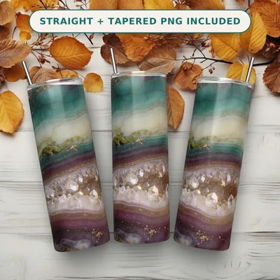 Agate Geode Tumbler Wrap PNG Seamless, Emerald Plum Cream Crystal Crosscut with Gold Veins, 20oz Skinny Sublimation Download shown flat as a tumbler wrap