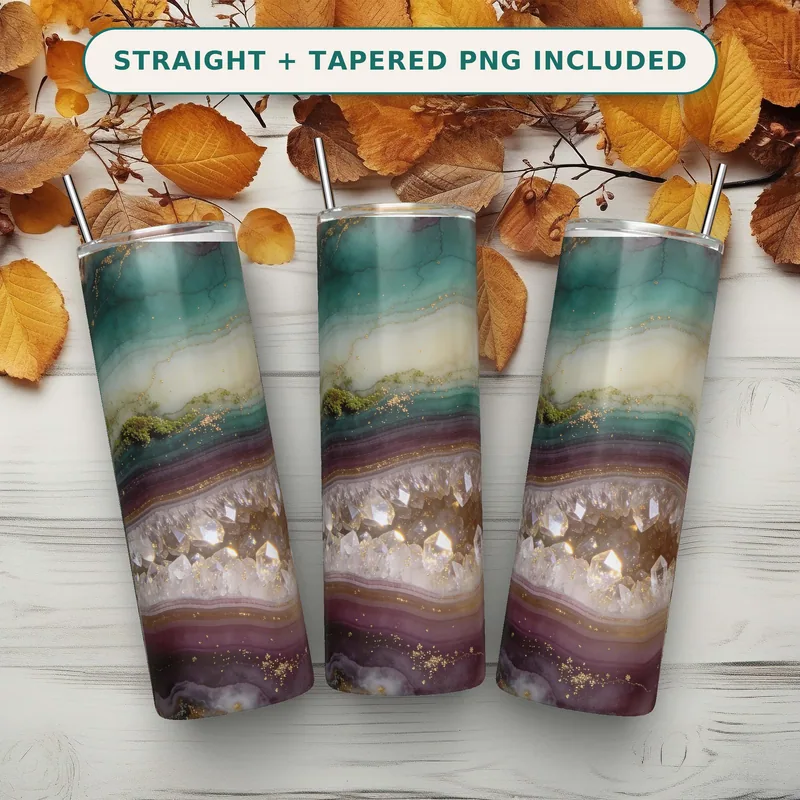 Agate Geode Tumbler Wrap PNG Seamless, Emerald Plum Cream Crystal Crosscut with Gold Veins, 20oz Skinny Sublimation Download shown flat as a tumbler wrap
