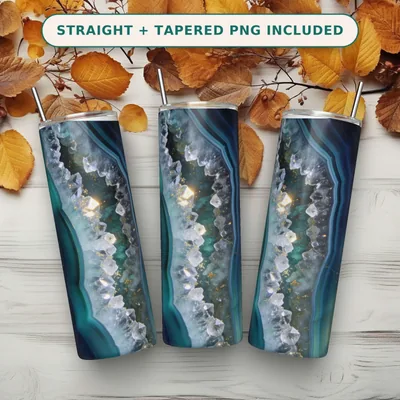 Agate Geode Tumbler Wrap PNG, Teal Navy Crystal Cluster with Gold Flecks, Seamless Straight Wrap Download for 20 oz Skinny Tumblers shown flat as a tumbler wrap