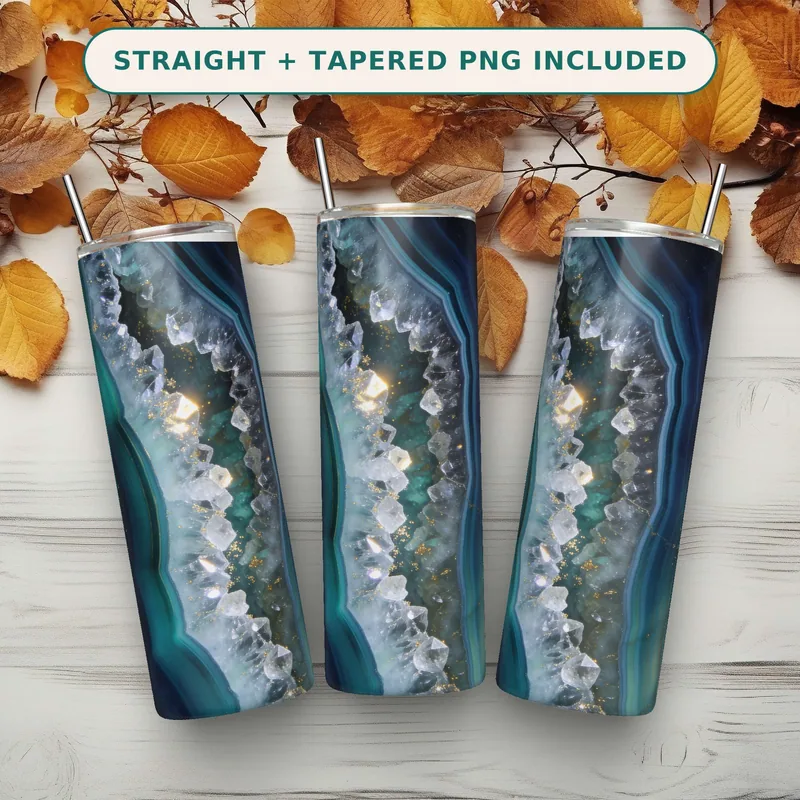 Agate Geode Tumbler Wrap PNG, Teal Navy Crystal Cluster with Gold Flecks, Seamless Straight Wrap Download for 20 oz Skinny Tumblers shown flat as a tumbler wrap