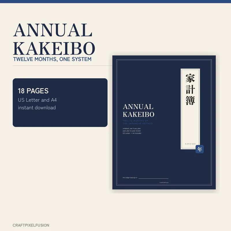 Annual Kakeibo Budget Planner Printable, Japanese Money Saving Method, 12 Month Expense Tracker and Sinking Funds PDF, Letter A4 shown as a preview of the planner