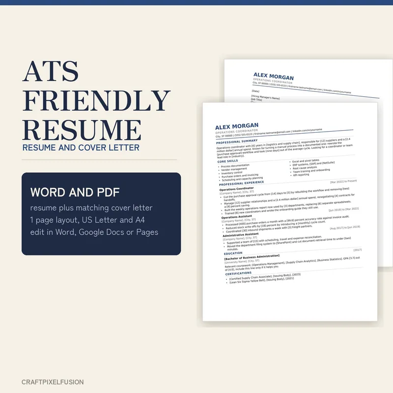 ATS Friendly Resume Template with Cover Letter, Editable Word and Google Docs CV Template, One Page Resume Instant Download shown as a preview of the printable