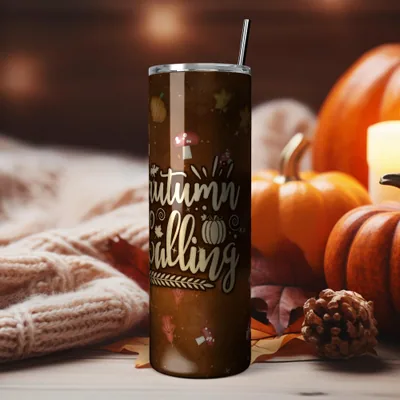 Autumn Calling Tumbler Wrap PNG, 20oz Skinny Sublimation Design, Fall Straight & Tapered, Instant Download shown flat as a tumbler wrap