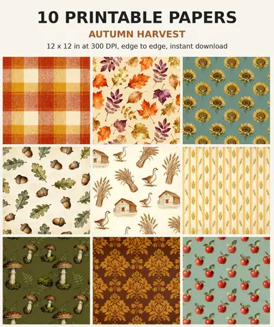 Autumn Digital Paper Pack, 10 Fall Scrapbook Papers, 12x12 Printable Plaid Leaves Sunflowers Harvest, Thanksgiving Junk Journal JPG shown as a preview of the paper pack