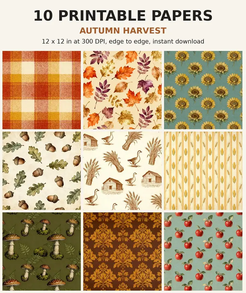 Autumn Digital Paper Pack, 10 Fall Scrapbook Papers, 12x12 Printable Plaid Leaves Sunflowers Harvest, Thanksgiving Junk Journal JPG shown as a preview of the paper pack