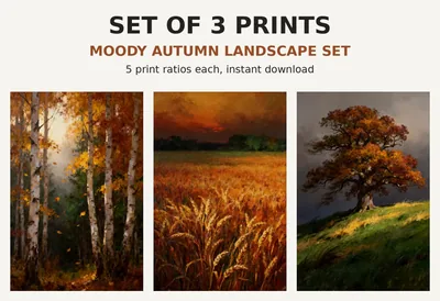 Autumn Landscape Print Set of 3, Printable Wall Art, Moody Fall Forest Harvest Field Paintings, Rustic Cabin Decor Digital Download shown as a preview of the print set