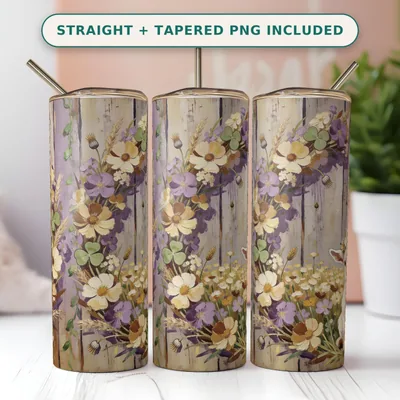 Baby Goat Flowercrown Tumbler Wrap PNG, Painterly Wildflower Wreath, Lavender Wheat, Seamless Skinny Straight Design, Digital Download shown flat as a tumbler wrap