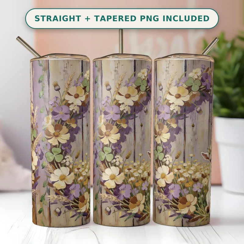 Baby Goat Flowercrown Tumbler Wrap PNG, Painterly Wildflower Wreath, Lavender Wheat, Seamless Skinny Straight Design, Digital Download shown flat as a tumbler wrap