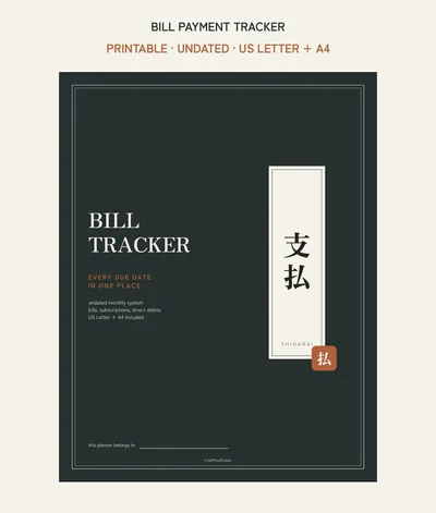 Bill Payment Tracker Printable, Monthly Bill Organizer PDF, Due Date Subscription and Direct Debit Log, Budget Binder US Letter A4 shown as a preview of the planner