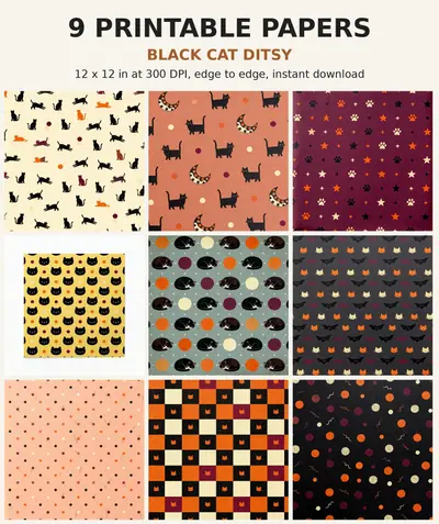 Black Cat Digital Paper Pack, 9 Ditsy Halloween Scrapbook Papers, 12x12 Printable Cats Moons Stars Bats, Junk Journal JPG shown as a preview of the paper pack