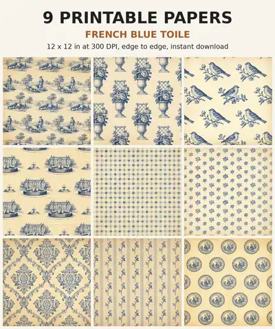 Blue and White Digital Paper Pack, 9 Delft Toile Scrapbook Papers, 12x12 Printable Chinoiserie Porcelain Pastoral Floral, Junk Journal JPG shown as a preview of the paper pack