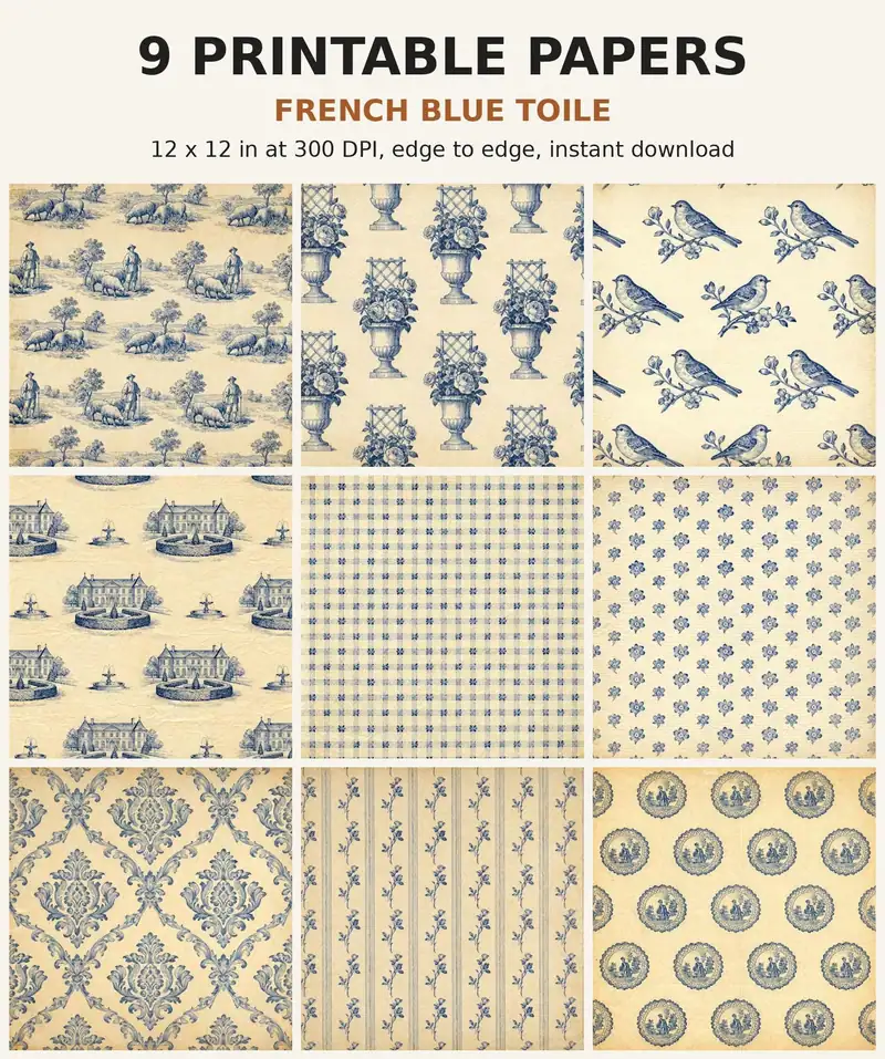 Blue and White Digital Paper Pack, 9 Delft Toile Scrapbook Papers, 12x12 Printable Chinoiserie Porcelain Pastoral Floral, Junk Journal JPG shown as a preview of the paper pack