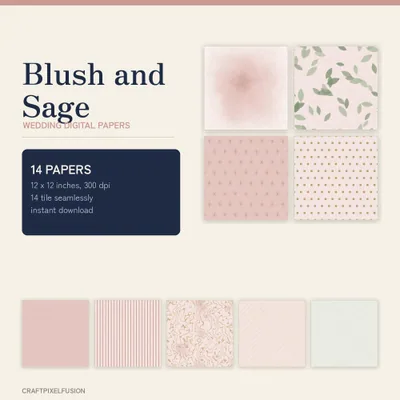 Blush and Sage Wedding Digital Paper Pack, 14 Seamless 12x12 Scrapbook Papers, Printable Spring Wedding Backgrounds, 300 dpi JPG shown as a preview of the paper pack