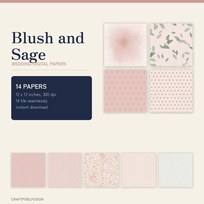 Blush and Sage Wedding Digital Paper Pack, 14 Seamless 12x12 Scrapbook Papers, Printable Spring Wedding Backgrounds, 300 dpi JPG shown as a preview of the paper pack