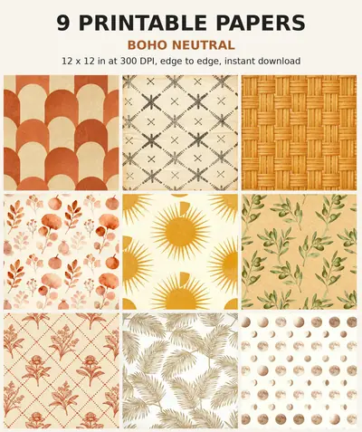 Boho Digital Paper Pack, 10 Neutral Scrapbook Papers, 12x12 Printable Terracotta Arch Mudcloth Rattan, Aesthetic Junk Journal JPG shown as a preview of the paper pack