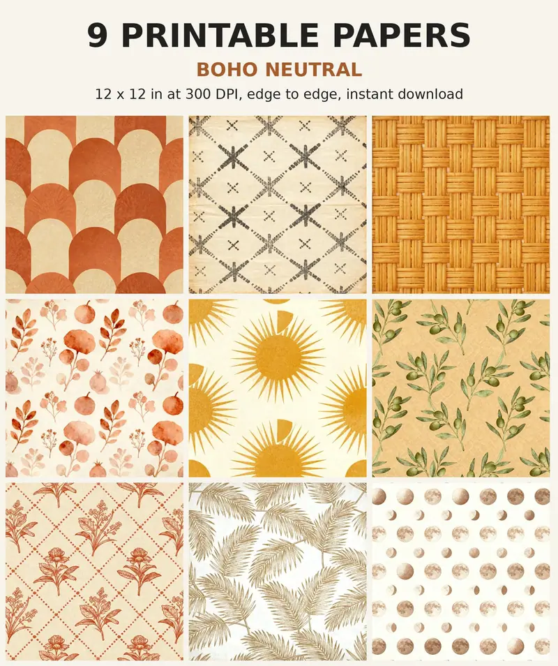 Boho Digital Paper Pack, 10 Neutral Scrapbook Papers, 12x12 Printable Terracotta Arch Mudcloth Rattan, Aesthetic Junk Journal JPG shown as a preview of the paper pack