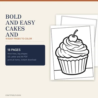 Bold and Easy Cakes and Sweet Treats Coloring Book Printable, 18 Large Print Pages for Kids and Adults, Cupcake Donut US Letter A4 shown as a preview of the coloring book