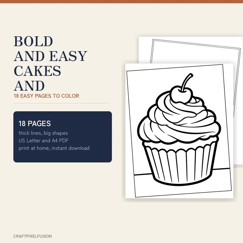 Bold and Easy Cakes and Sweet Treats Coloring Book Printable, 18 Large Print Pages for Kids and Adults, Cupcake Donut US Letter A4 shown as a preview of the coloring book