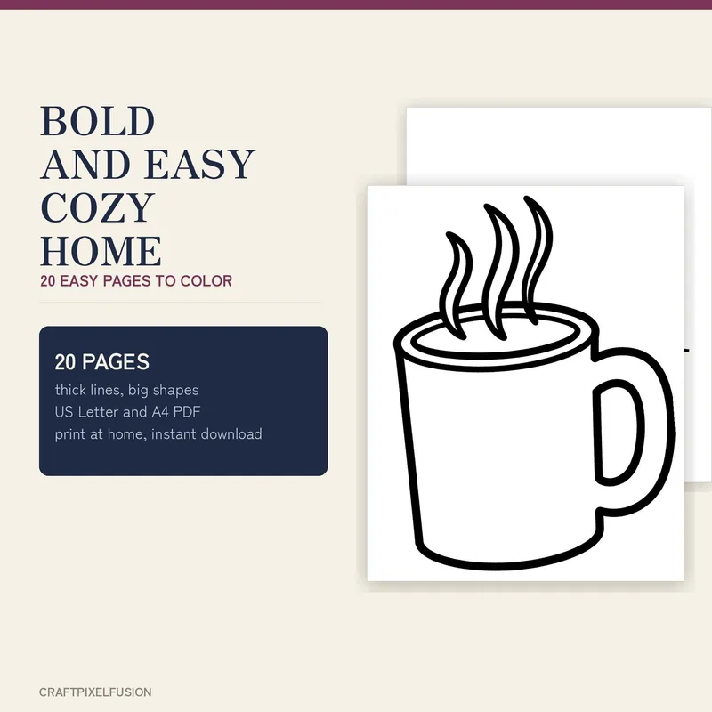 Bold and Easy Cozy Home Coloring Book Printable, 20 Large Print Pages for Adults and Teens, Mug Books Cat US Letter A4 PDF shown as a preview of the coloring book