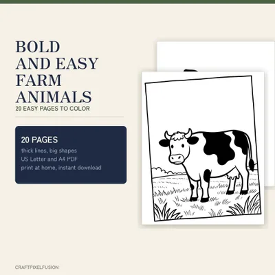 Bold and Easy Farm Animals Coloring Book Printable, 20 Large Print Pages for Kids and Adults, Cow Pig Sheep Tractor US Letter A4 PDF shown as a preview of the coloring book