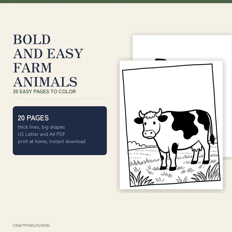 Bold and Easy Farm Animals Coloring Book Printable, 20 Large Print Pages for Kids and Adults, Cow Pig Sheep Tractor US Letter A4 PDF shown as a preview of the coloring book