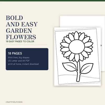Bold and Easy Garden Flowers Coloring Book Printable, 18 Large Print Pages for Adults and Kids, Simple Floral US Letter A4 PDF shown as a preview of the coloring book
