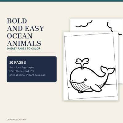 Bold and Easy Ocean Animals Coloring Book Printable, 20 Large Print Sea Pages for Kids and Adults, Whale Turtle Crab US Letter A4 shown as a preview of the coloring book