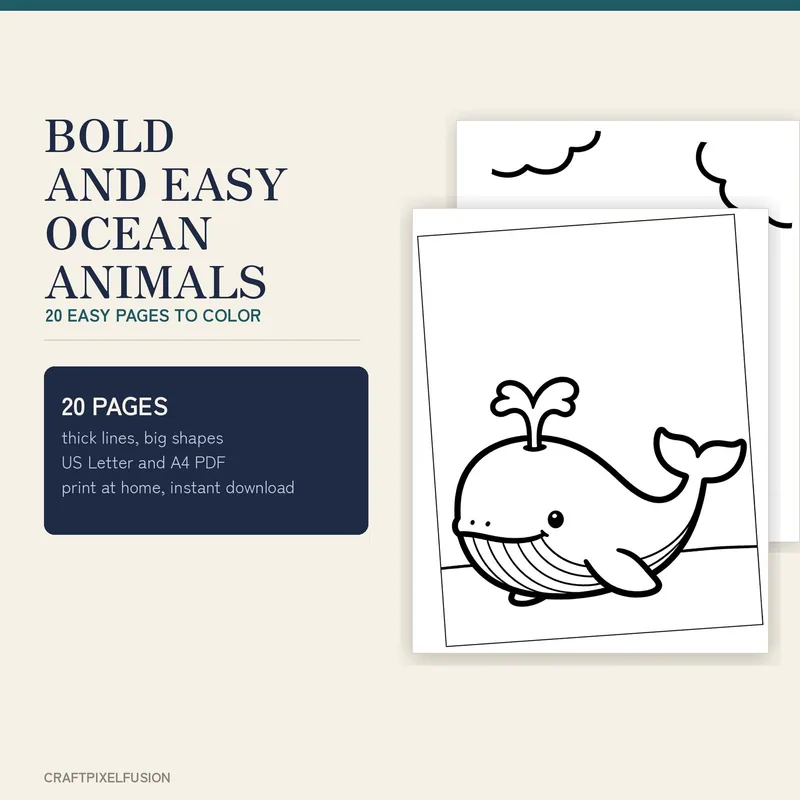 Bold and Easy Ocean Animals Coloring Book Printable, 20 Large Print Sea Pages for Kids and Adults, Whale Turtle Crab US Letter A4 shown as a preview of the coloring book