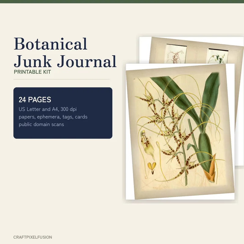 Botanical Junk Journal Kit Printable, 24 Vintage Ephemera Pages, Antique Flower Papers, Tags, Journal Cards, PDF and JPG shown as a preview of the paper pack