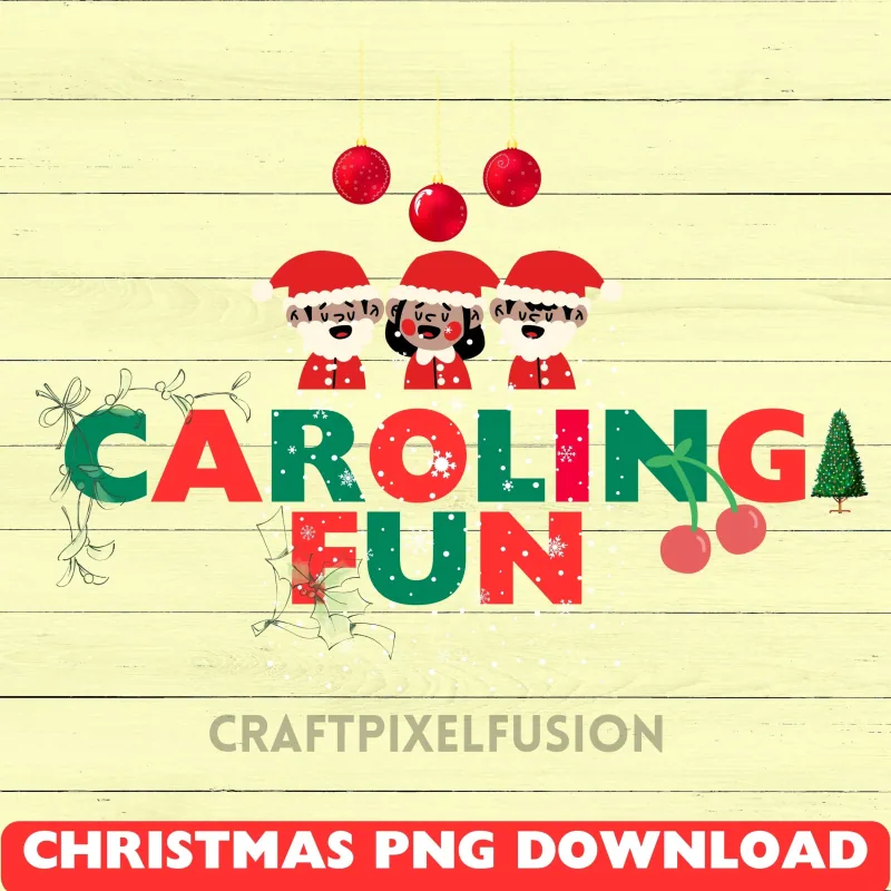 Caroling Fun Christmas PNG Clipart: Transparent Background shown flat as a tumbler wrap