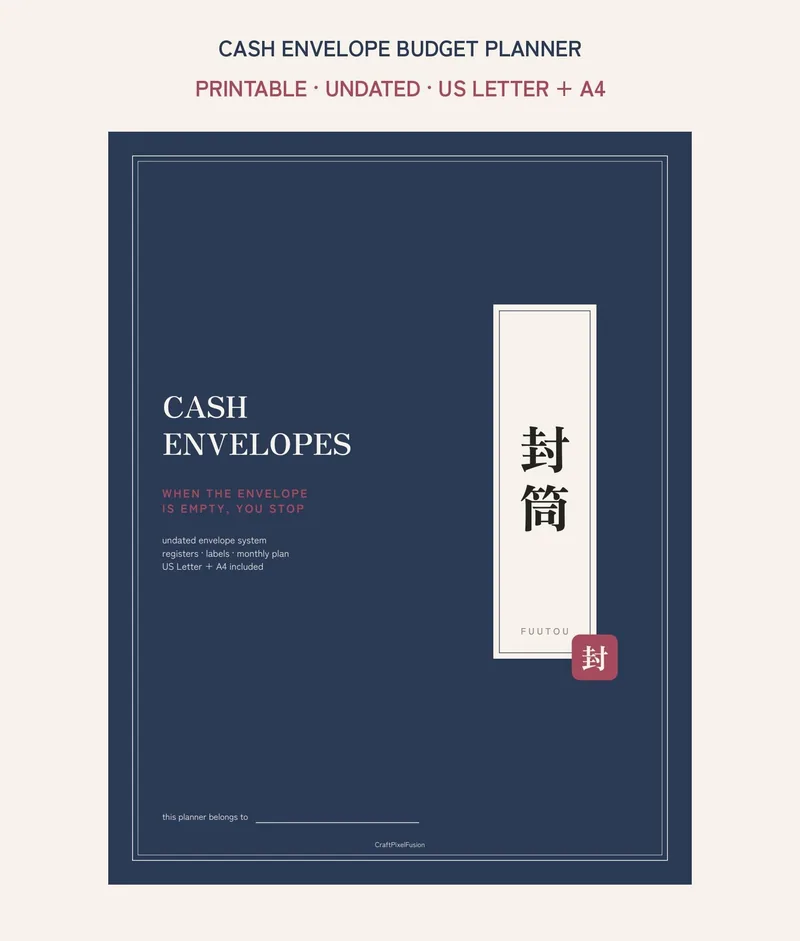 Cash Envelope Budget Planner Printable, Envelope System Register and Labels PDF, Cash Stuffing Budget Binder Insert, US Letter A4 shown as a preview of the planner