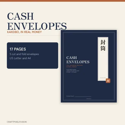 Cash Envelope Kakeibo Budget Planner Printable, Japanese Money Saving Method, 5 Cut and Fold Envelopes, Spending Log PDF shown as a preview of the planner
