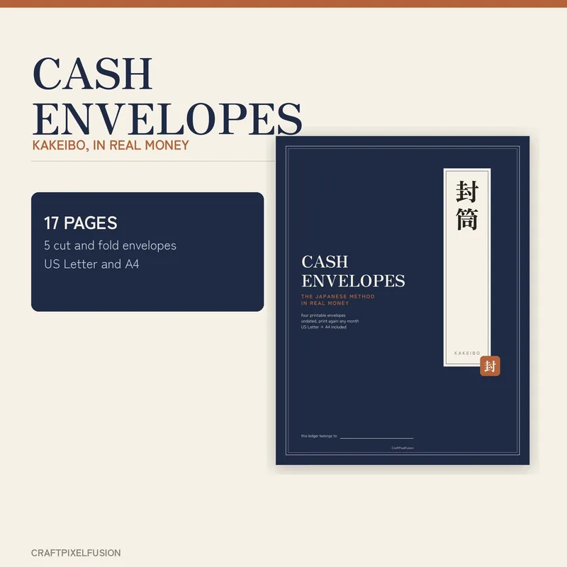 Cash Envelope Kakeibo Budget Planner Printable, Japanese Money Saving Method, 5 Cut and Fold Envelopes, Spending Log PDF shown as a preview of the planner